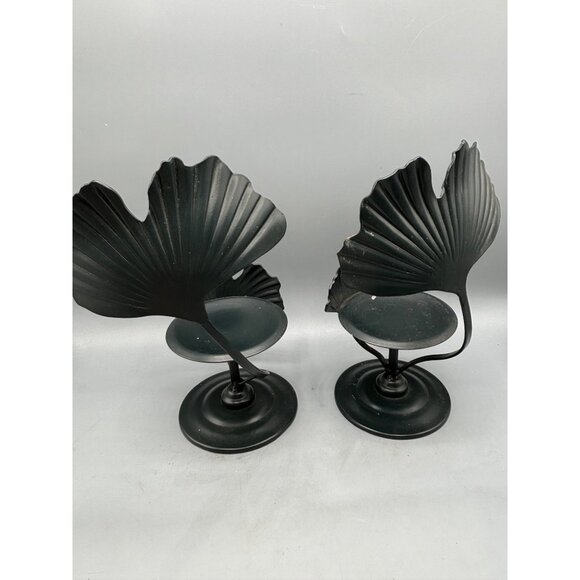 Set Of 2 Black Metal Gingko Leaf Pillar Candle Holders Decor - Picture 4 of 5